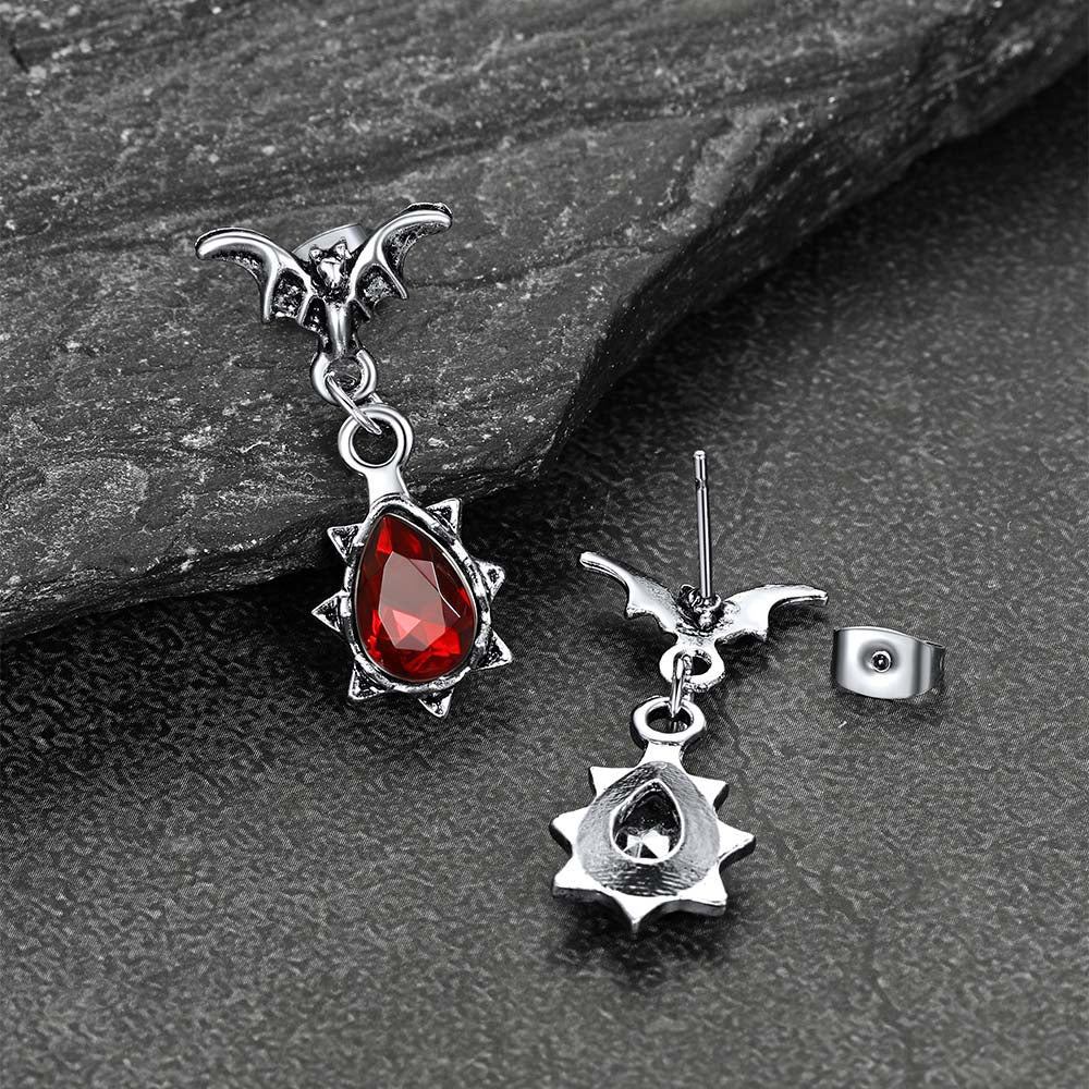 Gothic Punk Red Cubic Zirconia Bat Drop Earrings