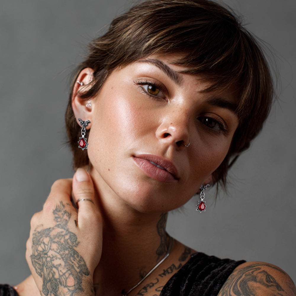 Women Wearing Gothic Red CZ Bat Drop Earrings