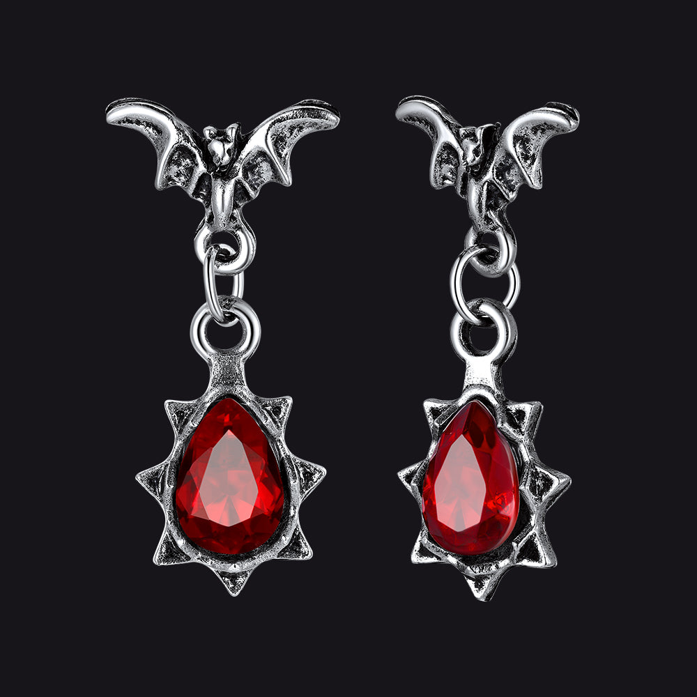 Gothic Punk Red Cubic Zirconia Bat Drop Earrings