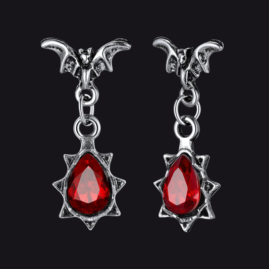 Gothic Punk Red Cubic Zirconia Bat Drop Earringsimg