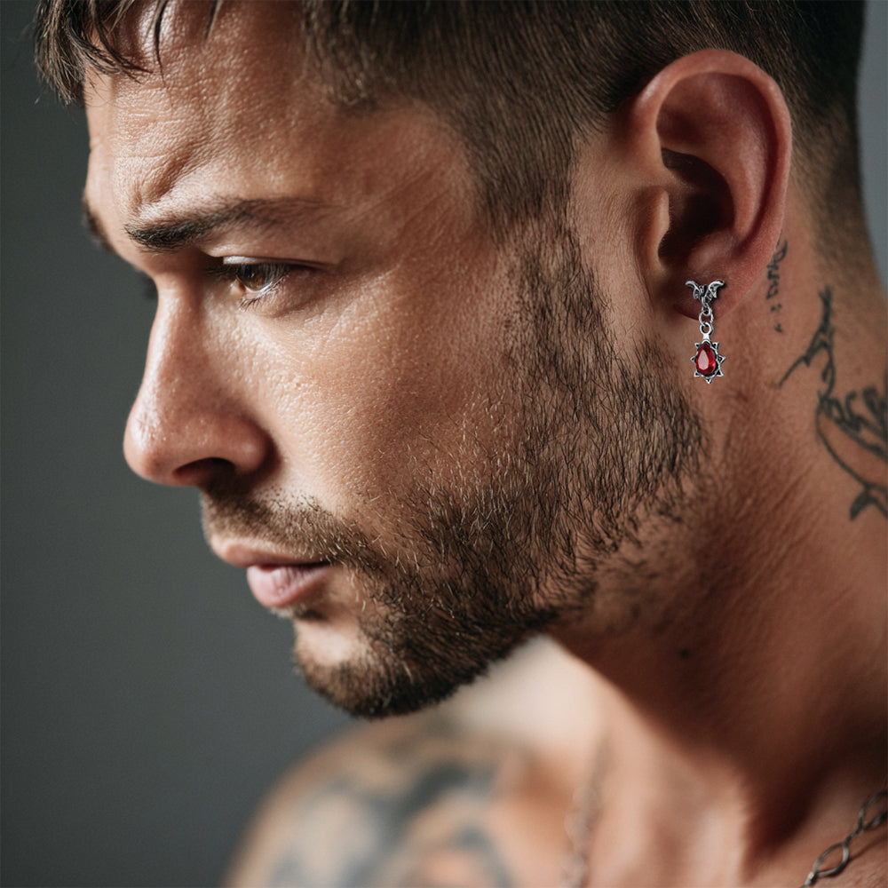 Men Wearing Gothic Punk Red CZ Bat Drop Earrings