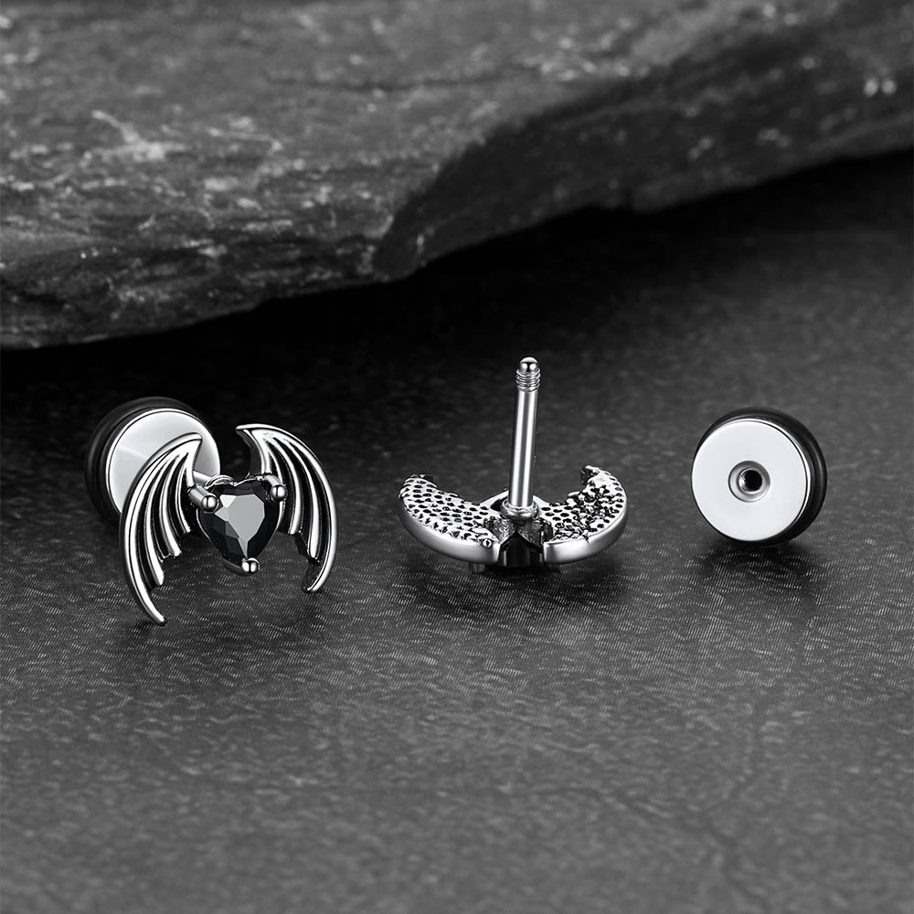 Devil Wings Heart Cubic Zircon Stud Earrings for Men Women FaithHeart Jewelry