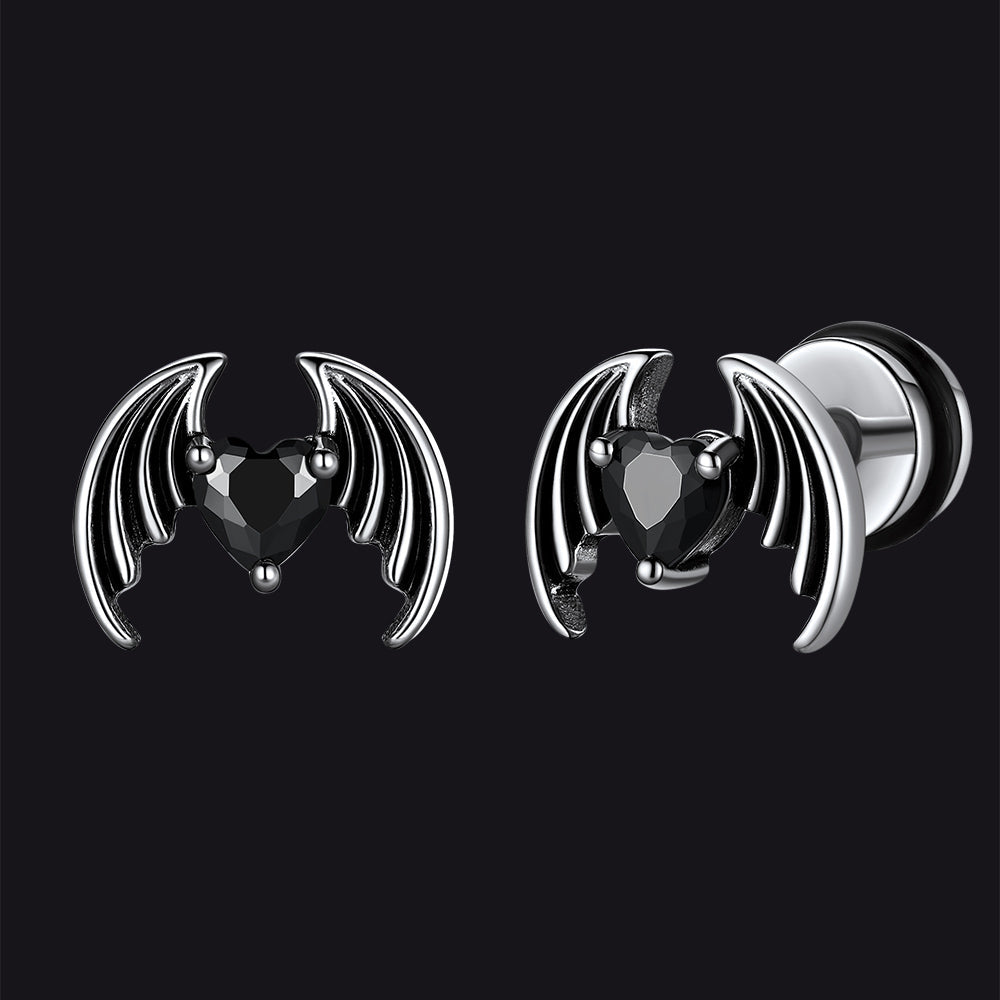 Silver devil wing heart CZ stud earrings in stainless steel for men and women