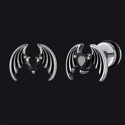 Silver devil wing heart CZ stud earrings in stainless steel for men and womenimg
