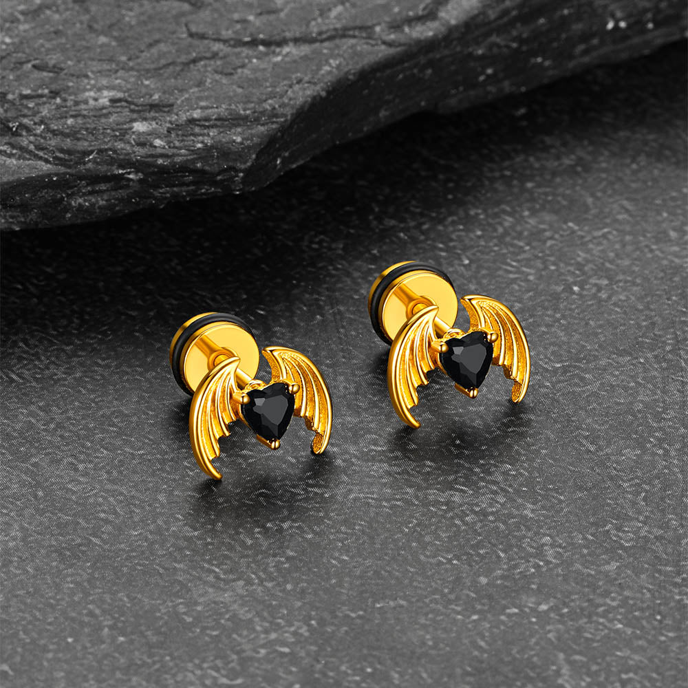 Devil Wings Heart Cubic Zircon Stud Earrings for Men Women FaithHeart Jewelry