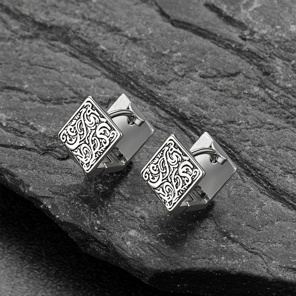 S925 Silver Vintage Tangcao Flower Square Earrings Antique for Men Women