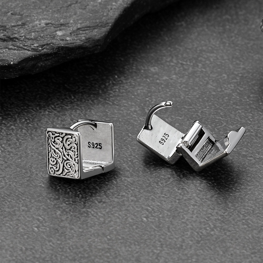 S925 Silver Vintage Tangcao Flower Square Earrings Antique for Men Women