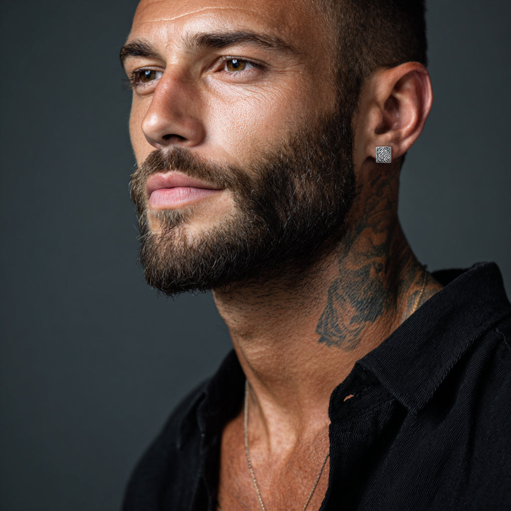 Man with a beard and tattoos wearing Vintage Tangcao Flower Square Earrings