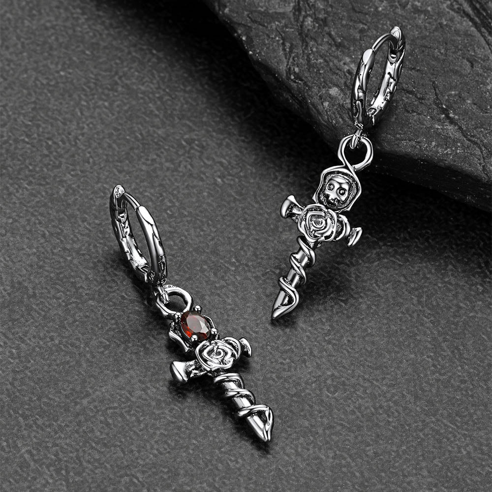 Copper vintage rose skull cross drop earrings gothic style for men and women