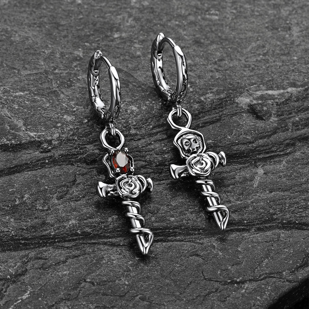 Gothic copper drop earrings with rose, skull, and cross design