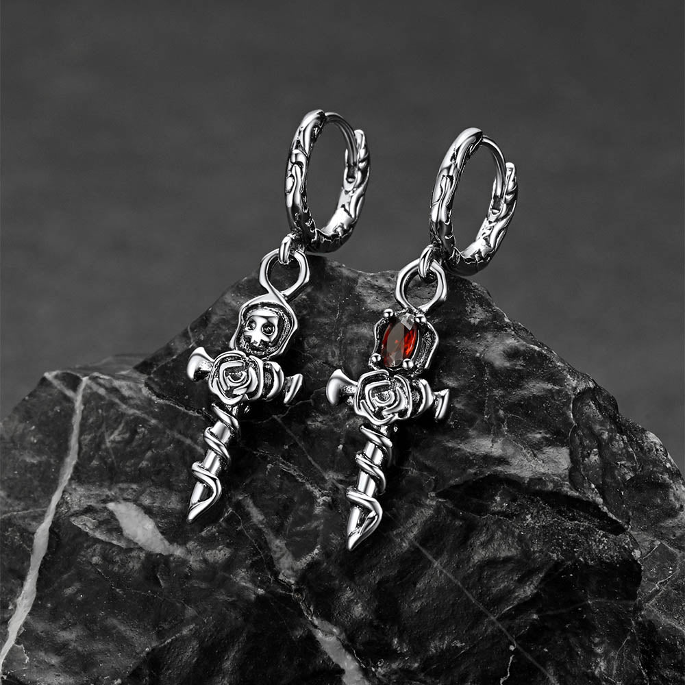 Vintage-inspired copper rose skull cross earrings for punk fashion