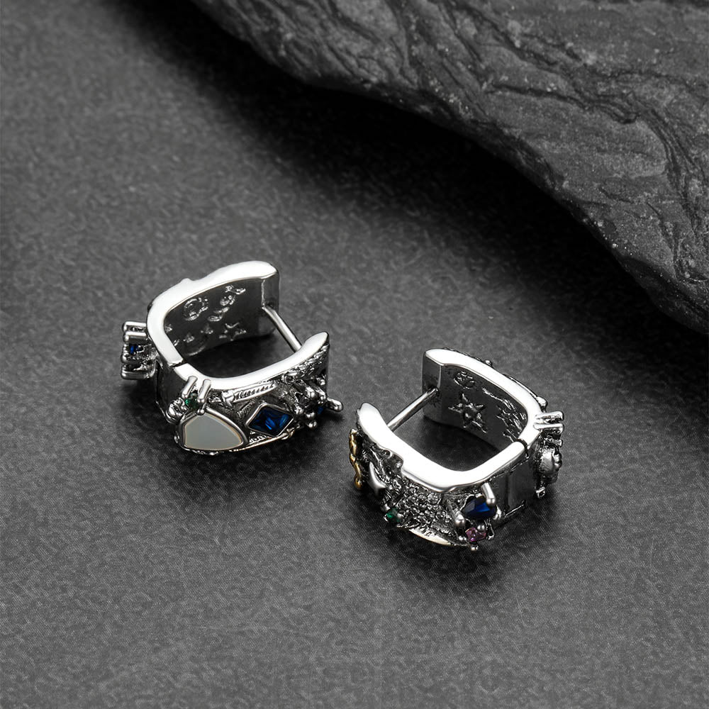 Men’s graffiti style sterling silver hoop earrings with eagle and shield design