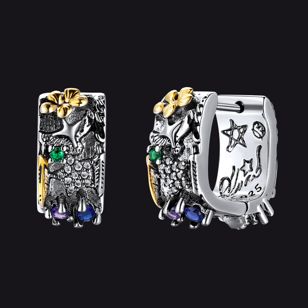 925 sterling silver graffiti joker eagle shield star hoop earrings with gold flower detail