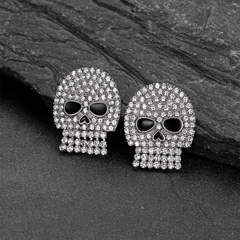 Pair of Halloween ghost skull stud earrings with crystal sparkle for men