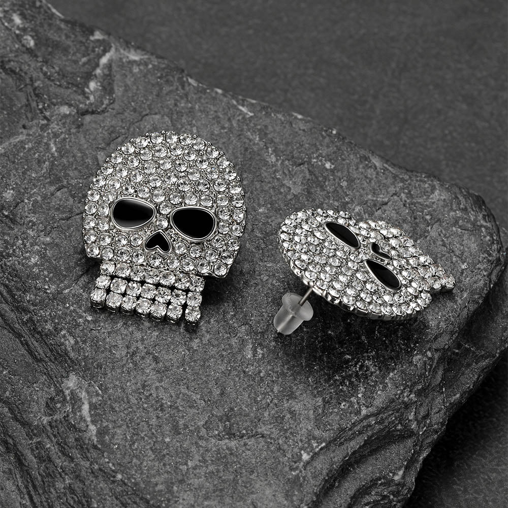Stainless steel Halloween ghost skull stud earring with sparkling crystals