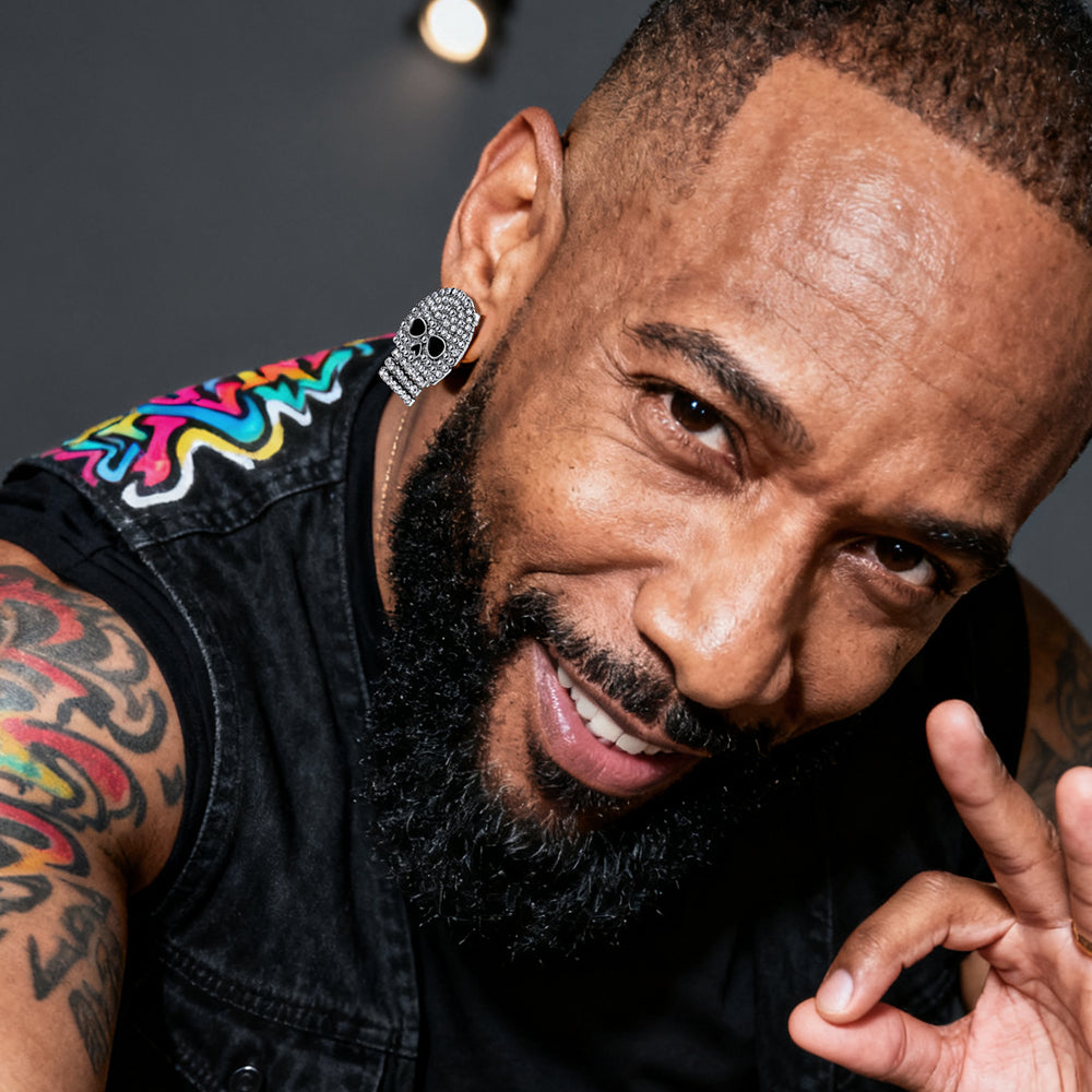 Man wearing Ghost Diamond Skull Stud Earrings