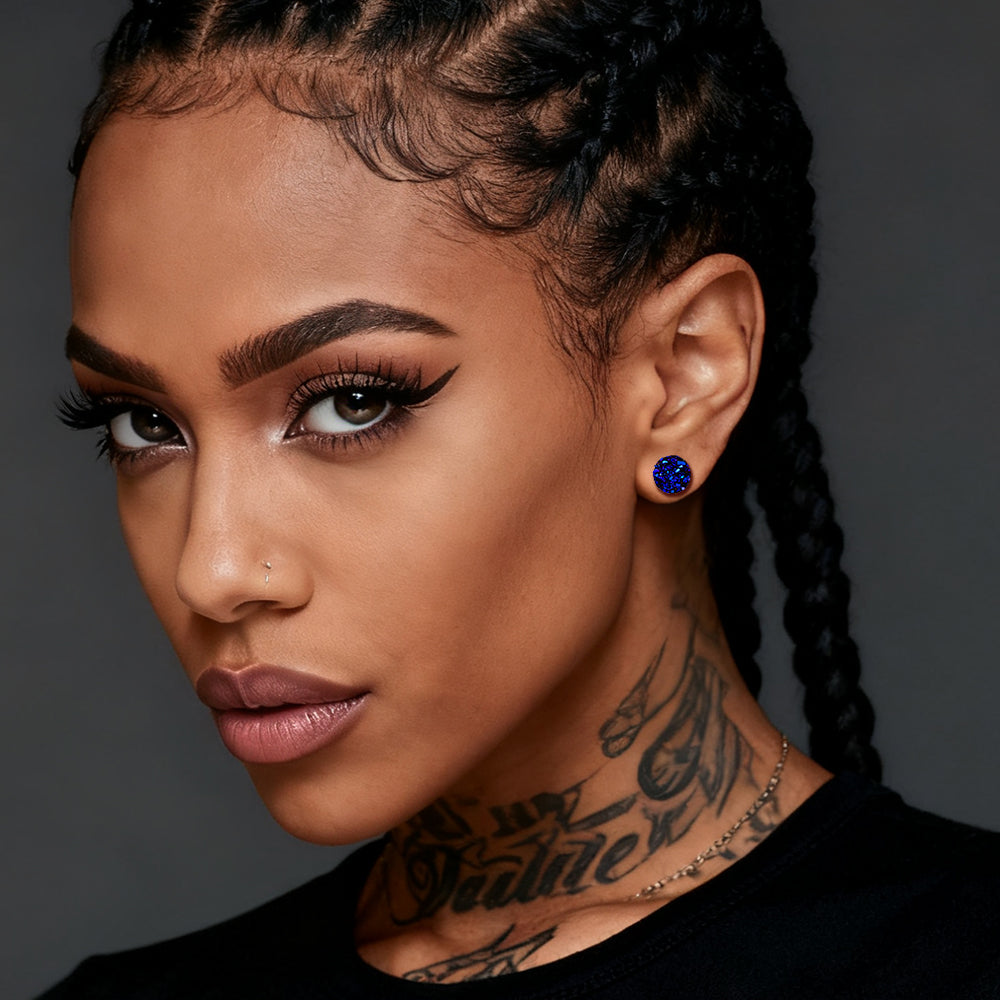 Close-up of a woman wearing 925 Sterling Silver Diamond Stud Earrings