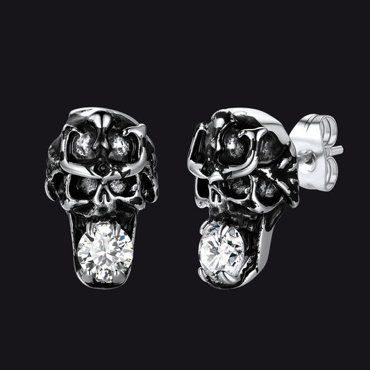 Stainless steel punk skull earrings with cubic zirconia for men.img
