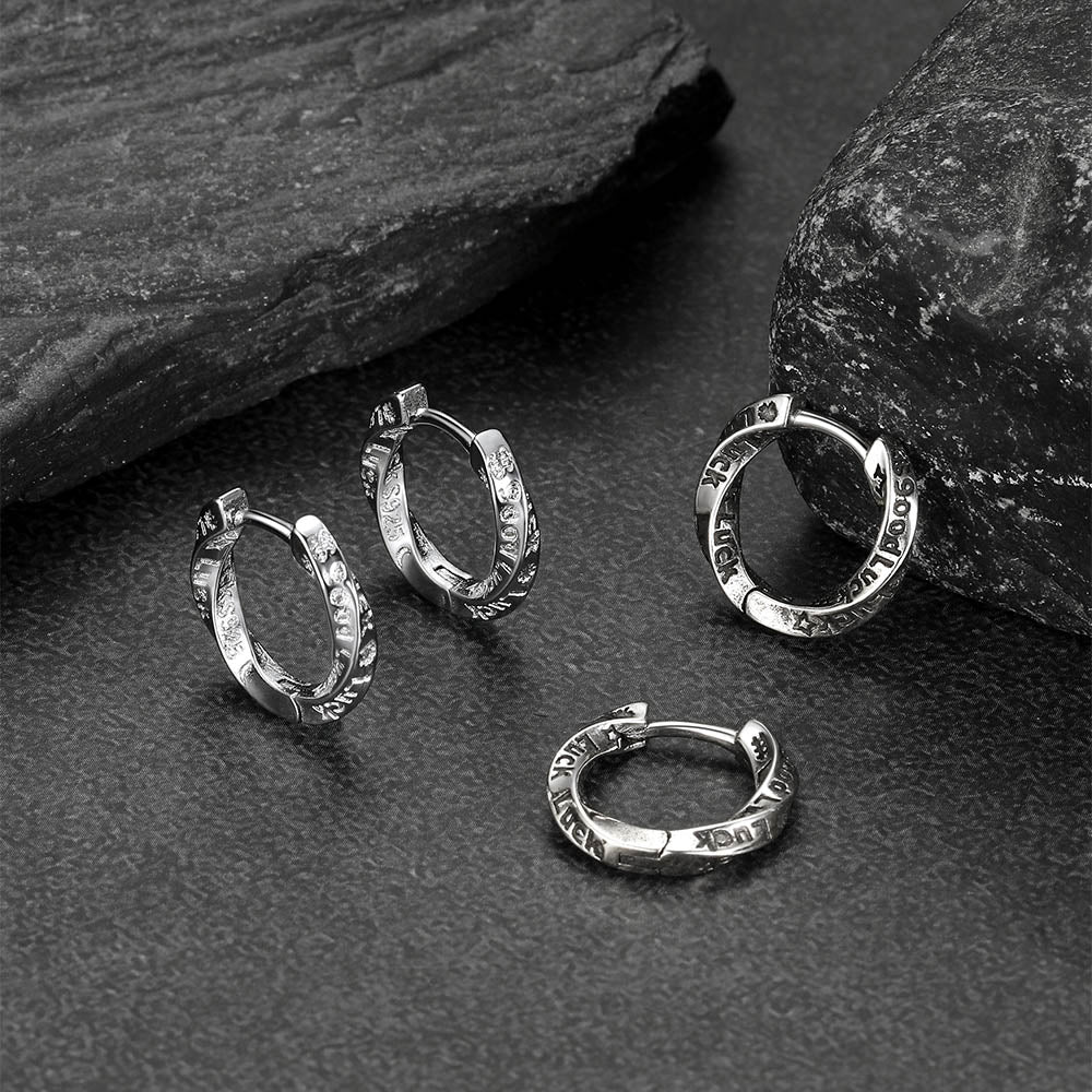 Copper Mobius hoop earrings for men engraved with "Luck"