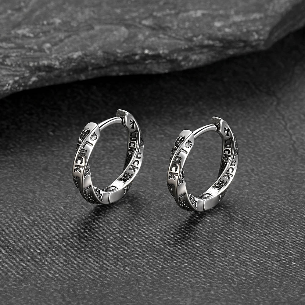 Minimalist copper Mobius hoop earrings with Luck engraving