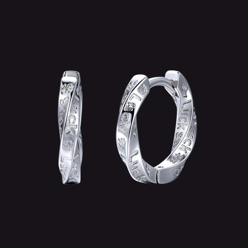 Copper Mobius hoop earrings for men engraved with "Luck"