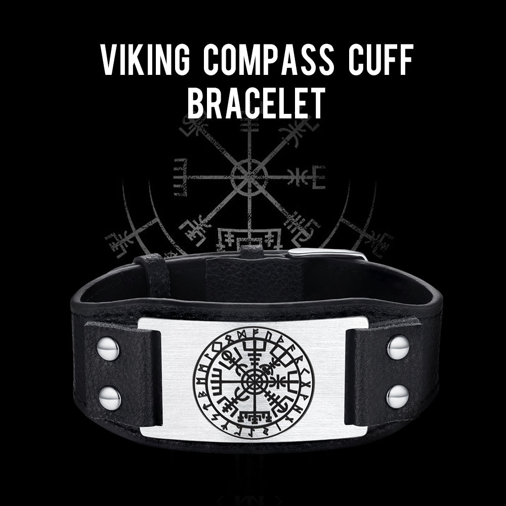 Viking Compass Leather Bracelet for Men - Vegvisir Symbol