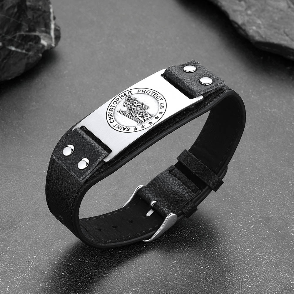 Saint Christopher Leather Bracelet for Men, Protection Jewelry
