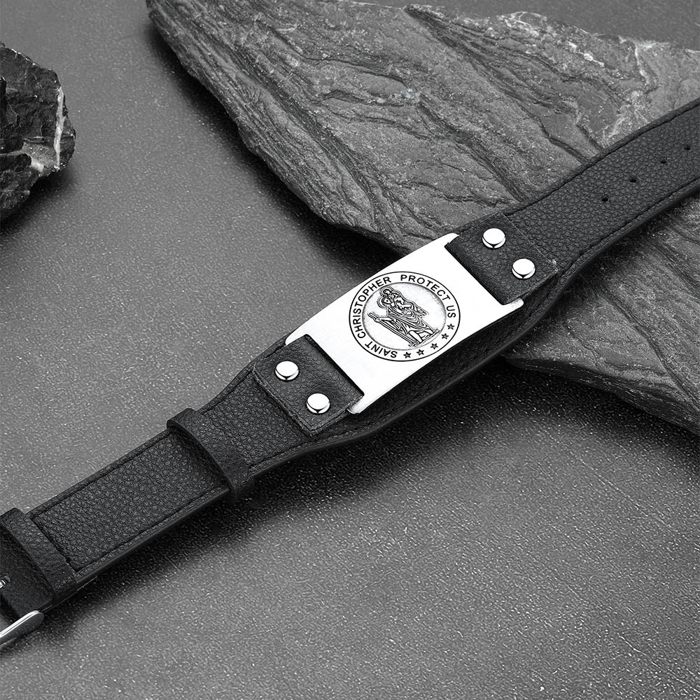 Black PU Leather Saint Christopher Bracelet, Protection for Men