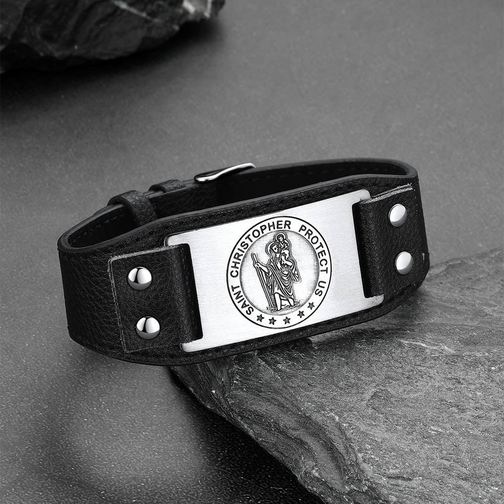 Saint Christopher Protect Us Men's Bracelet, Black Leather Wristband