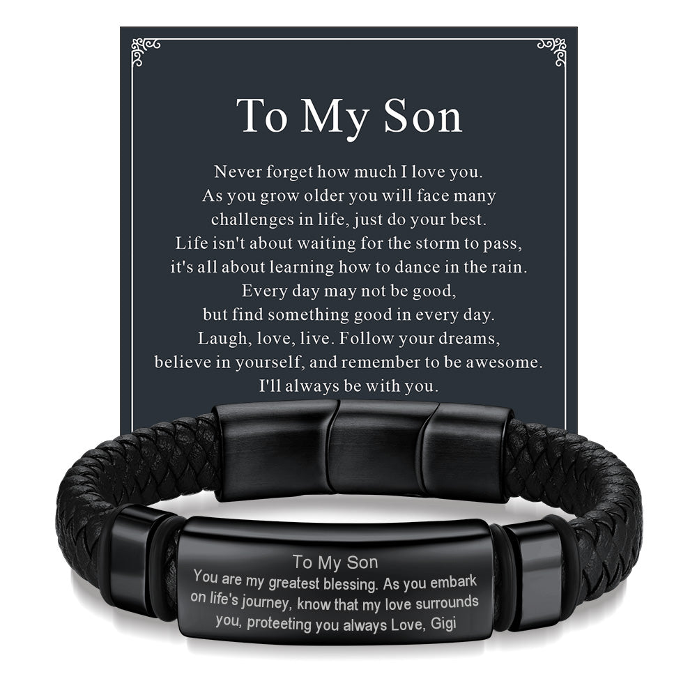 Black leather bracelet gift for son with heartfelt message