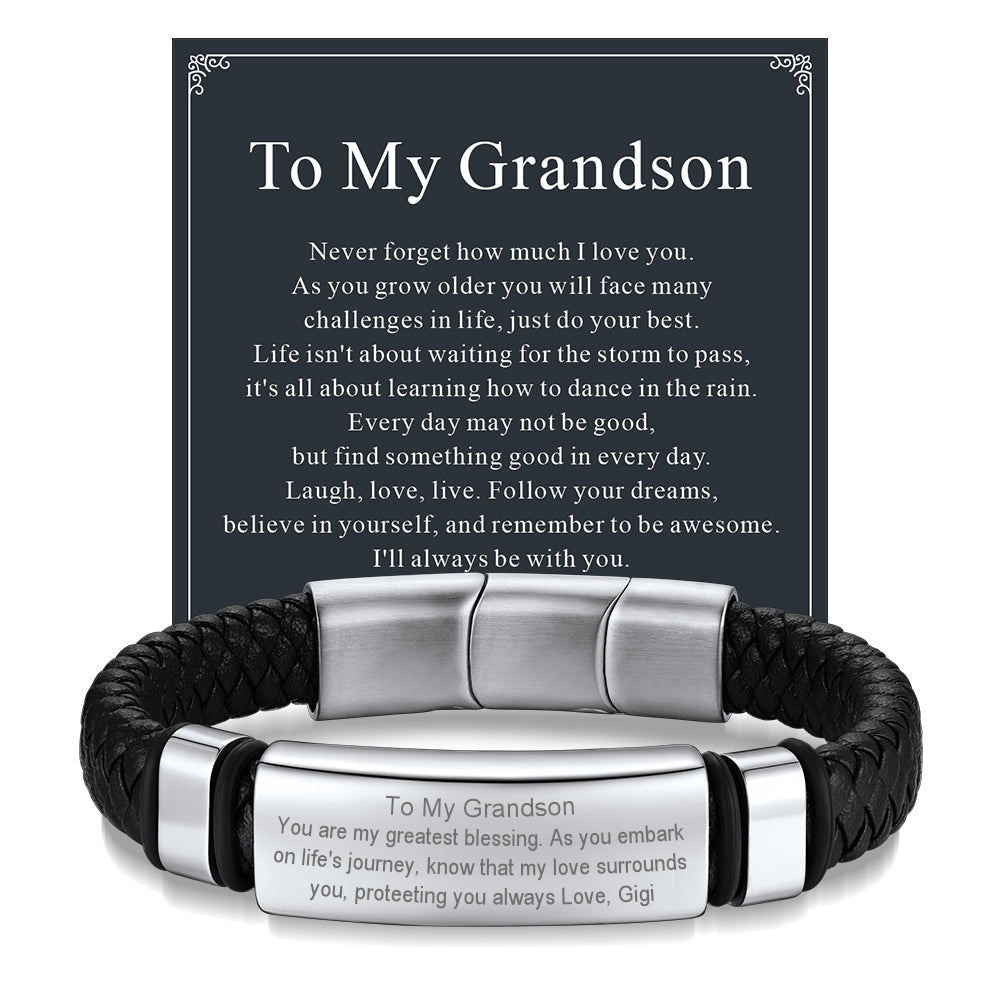 Black leather bracelet gift for grandson, Gigi
