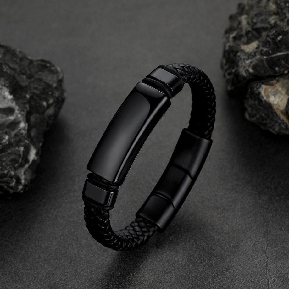 Black braided leather bracelet for men, custom stainless steel ID