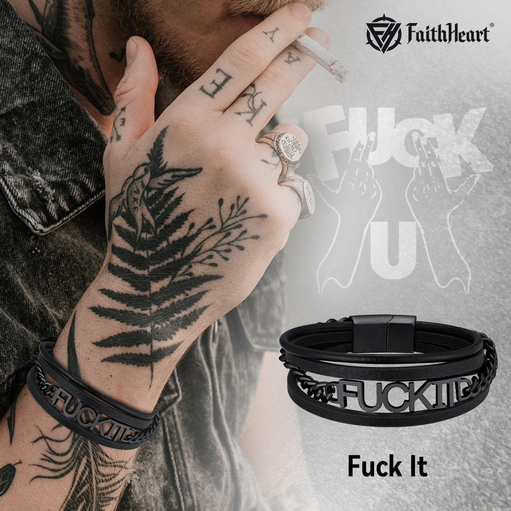 FaithHeart Vintage Steel Chain Leather Bracelet for Men with "F*ck It" text