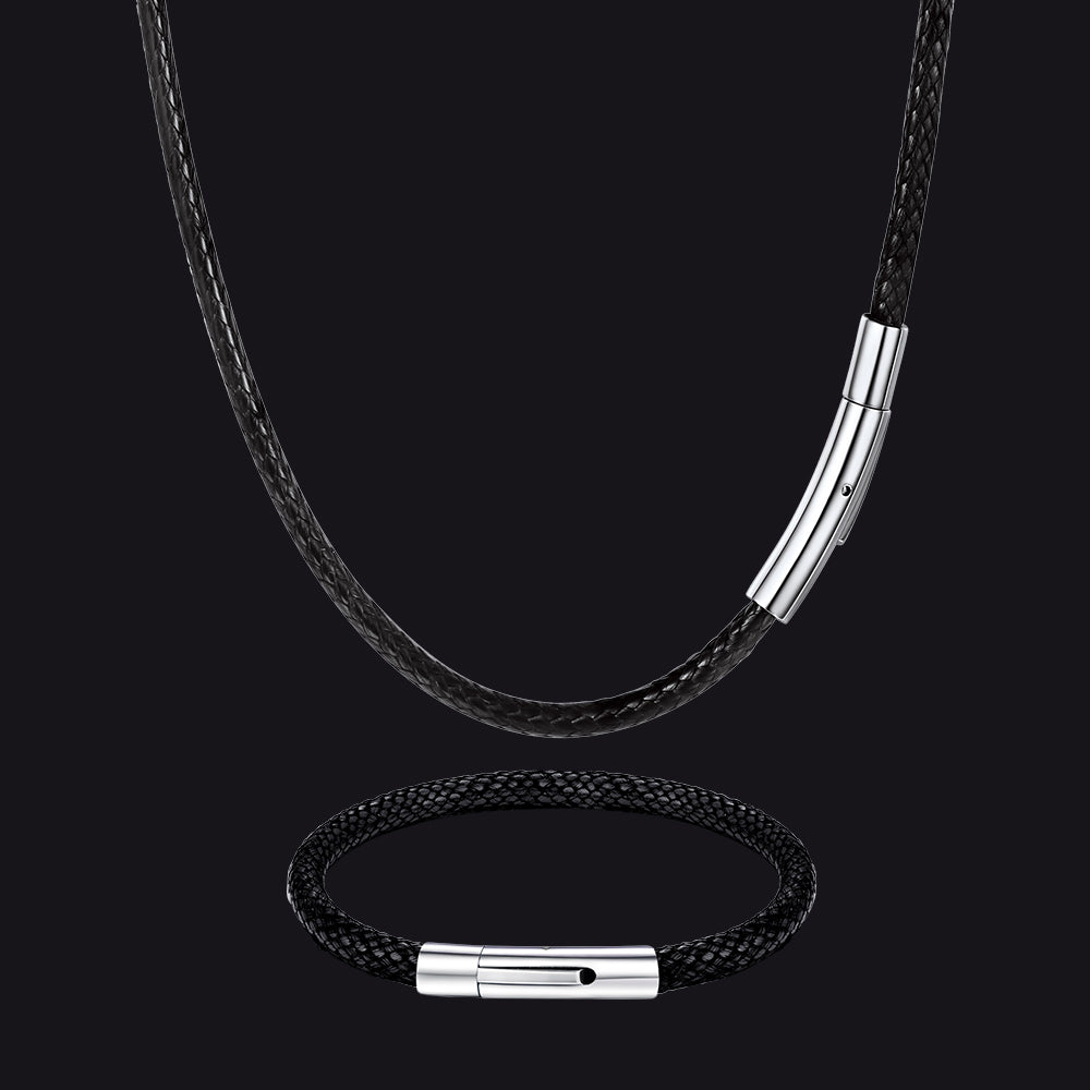 Black Braided Leather Cord Necklace and Bracelet Set for Men