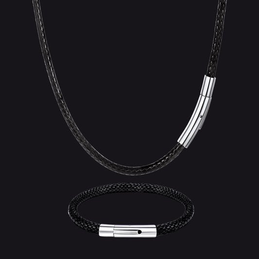 Black Braided Leather Cord Necklace and Bracelet Set for Menimg