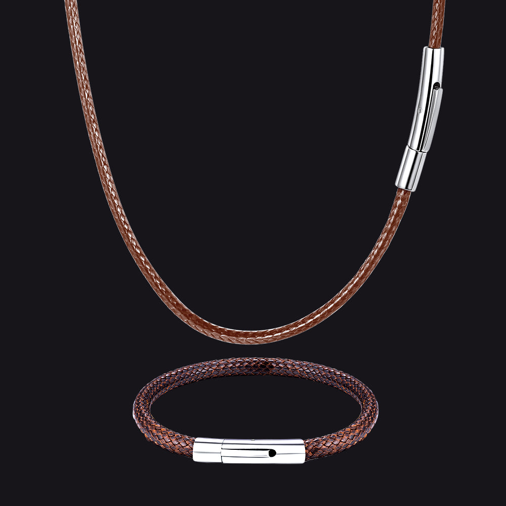 Brown Leather Braided Cord Necklace and Bracelet Set for Men – Rustic Look