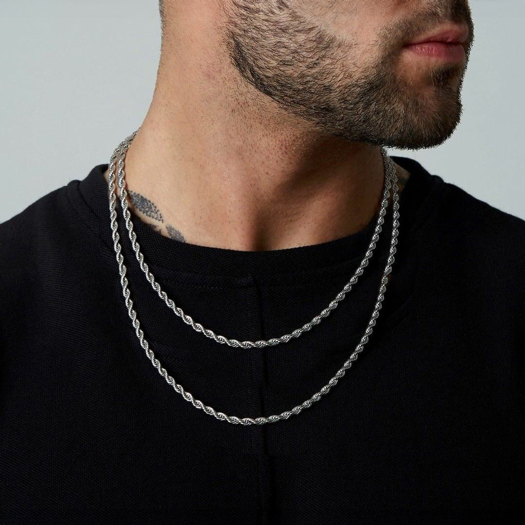 Male model wearing 3mm twisted rope link chain necklace set