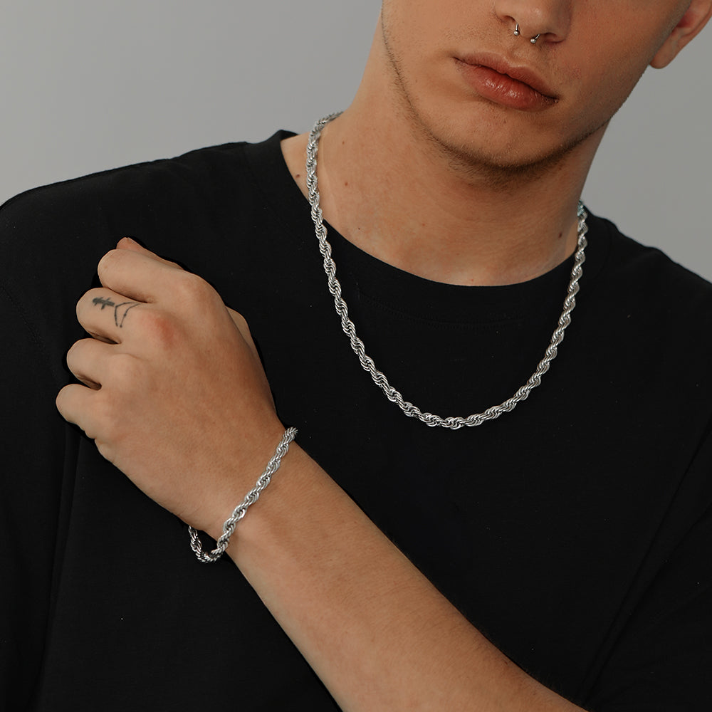 Model Wearing Steel Rope Chain and Matching Bracelet – Daily Style