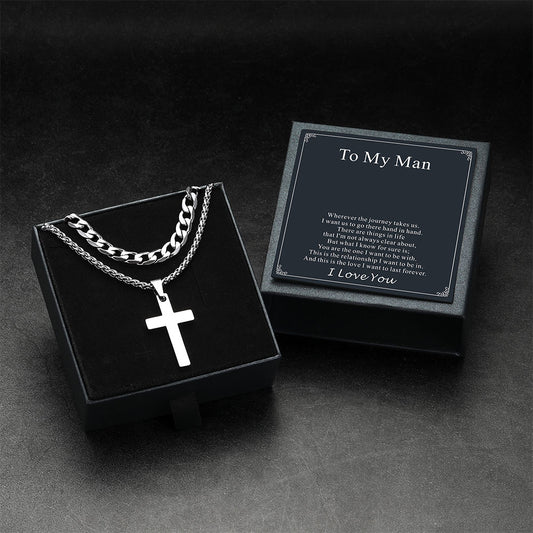 Layered Cuban chain and cross pendant necklace set for menimg