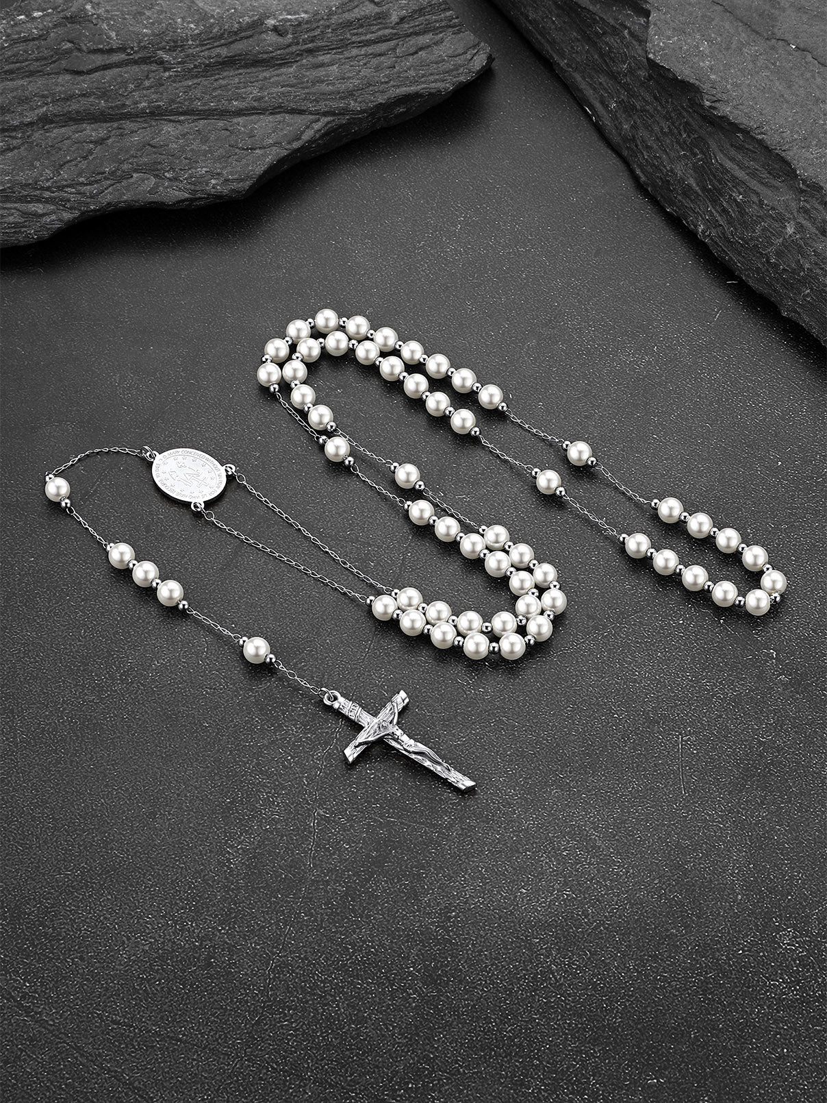 Catholic Virgin Mary Rosary with White Pearl Beads Necklace