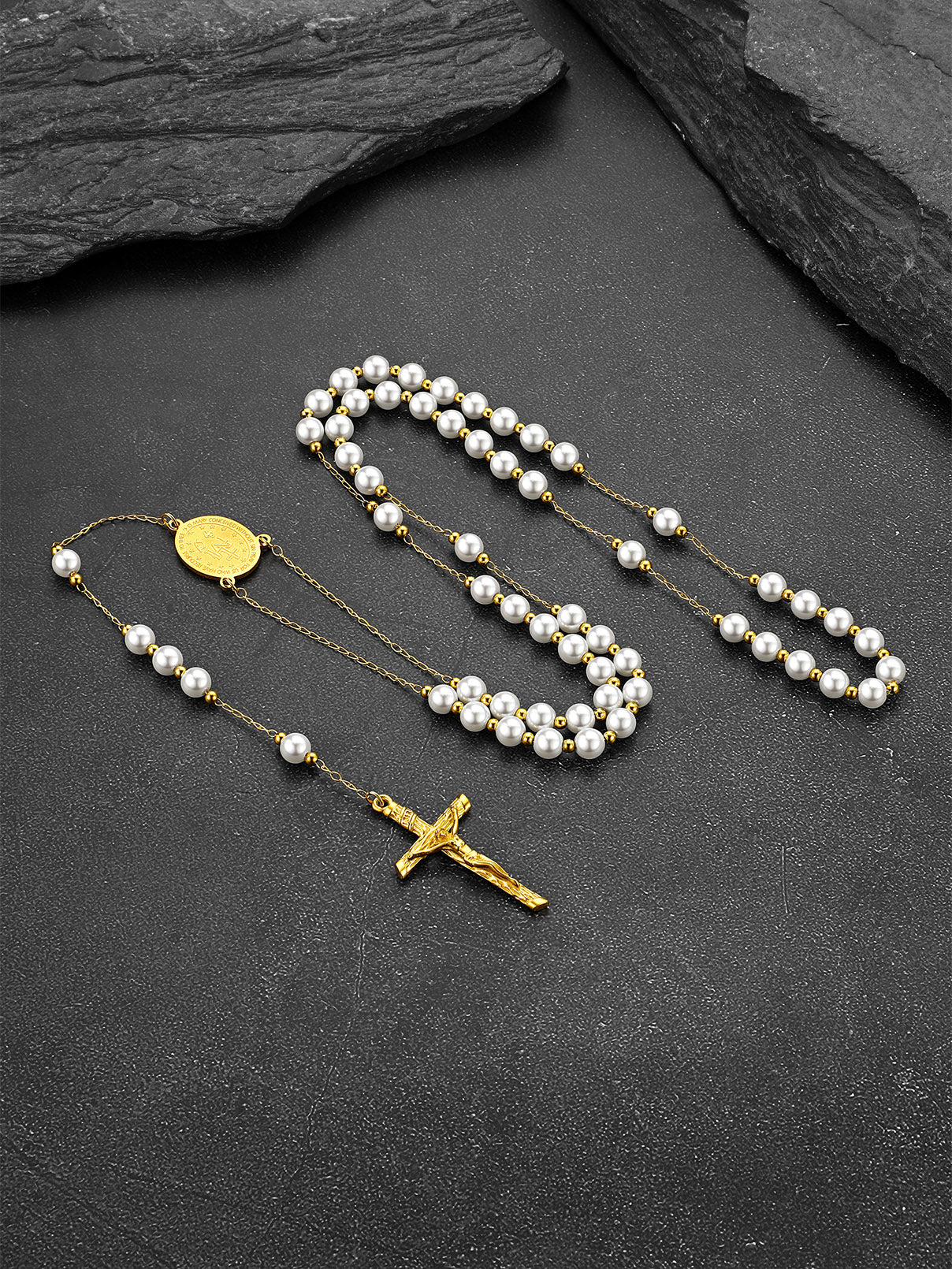 Catholic Rosary Beads Necklace with gold cross