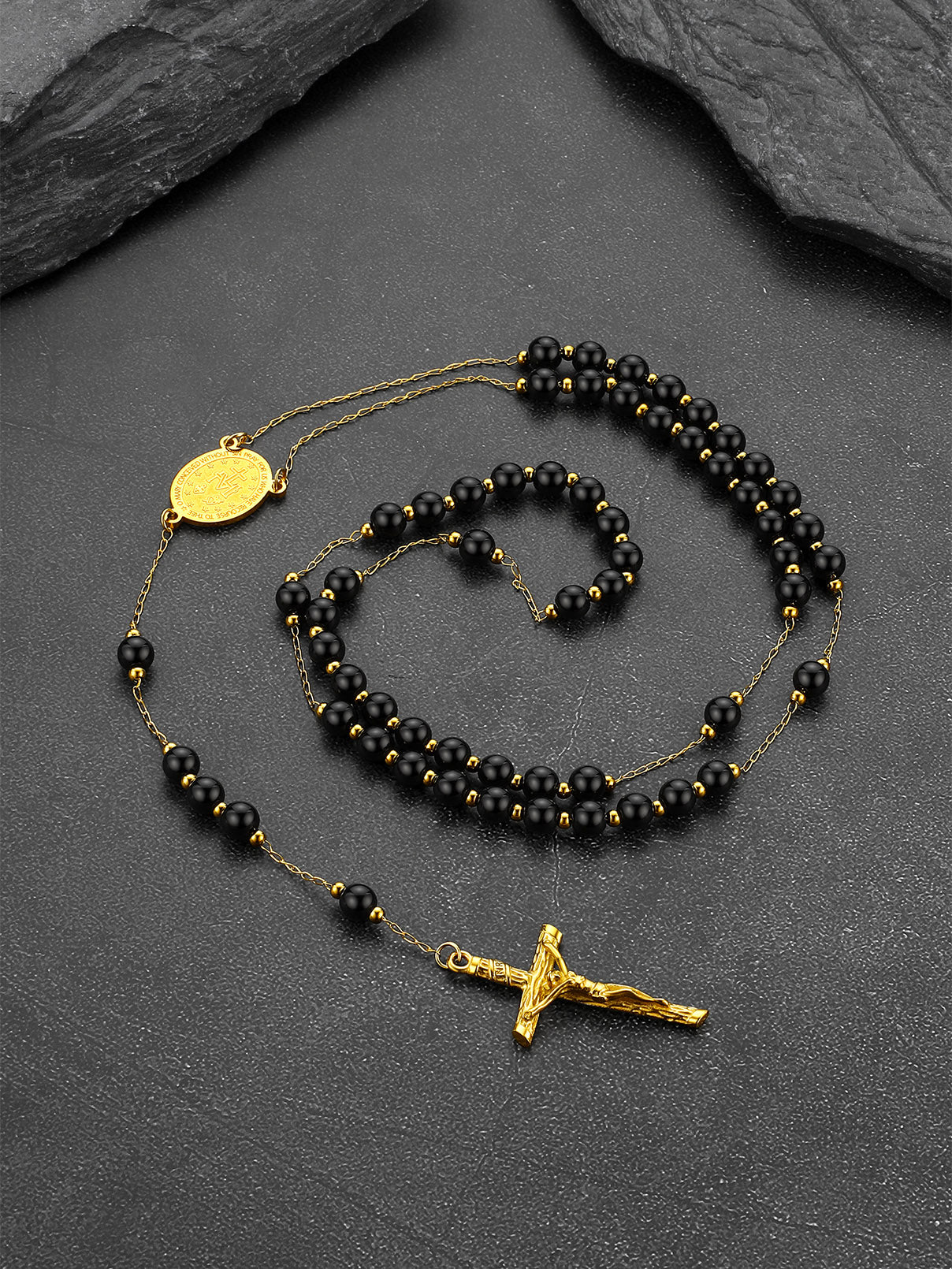 Black bead Catholic Rosary Necklace with gold cross