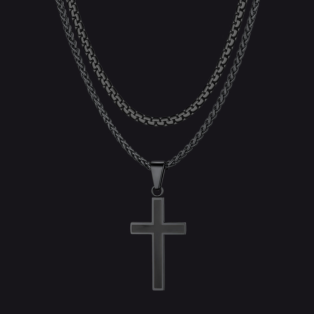Black cross and box chain layered necklaces