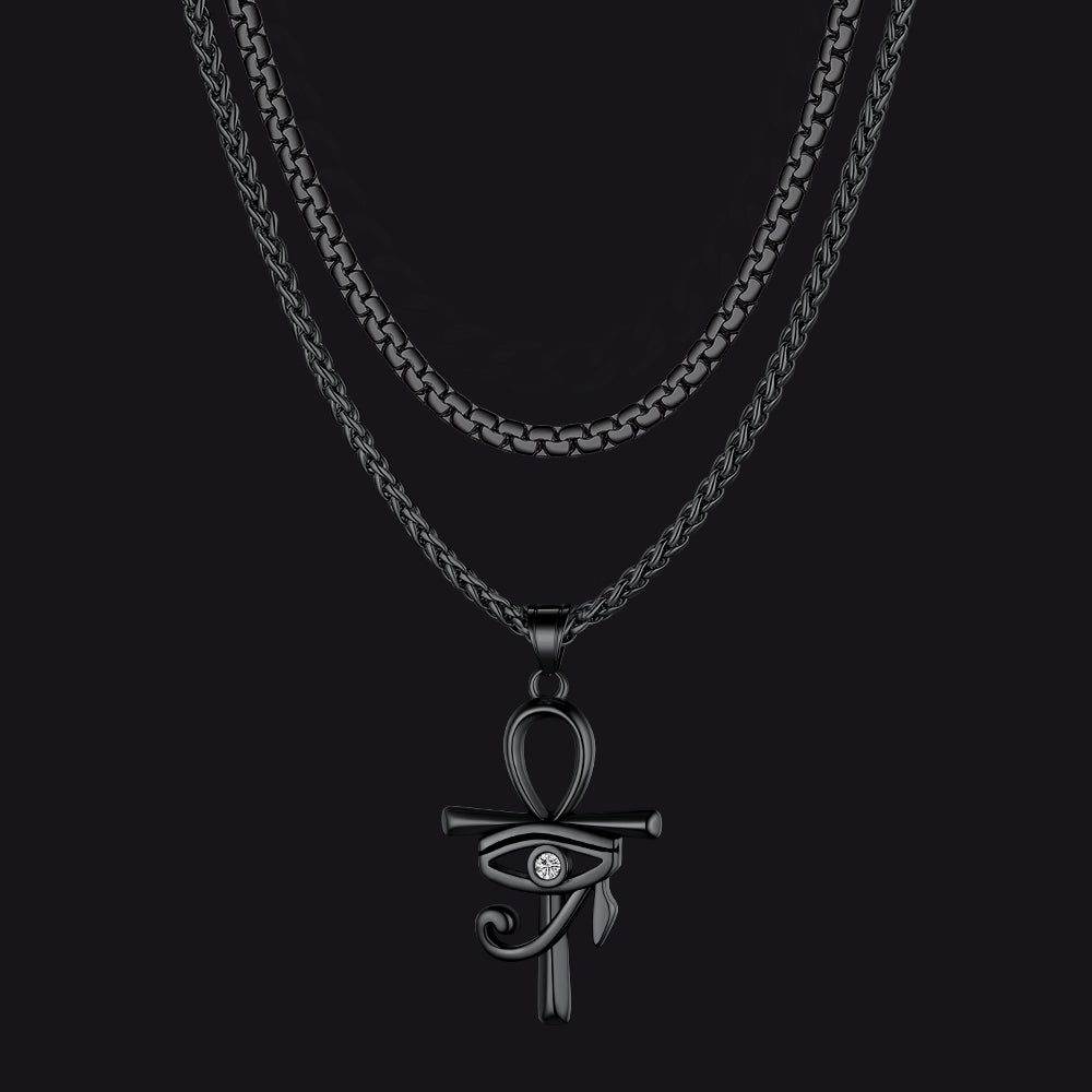 Flat box chain and Ankh cross layered necklace for men