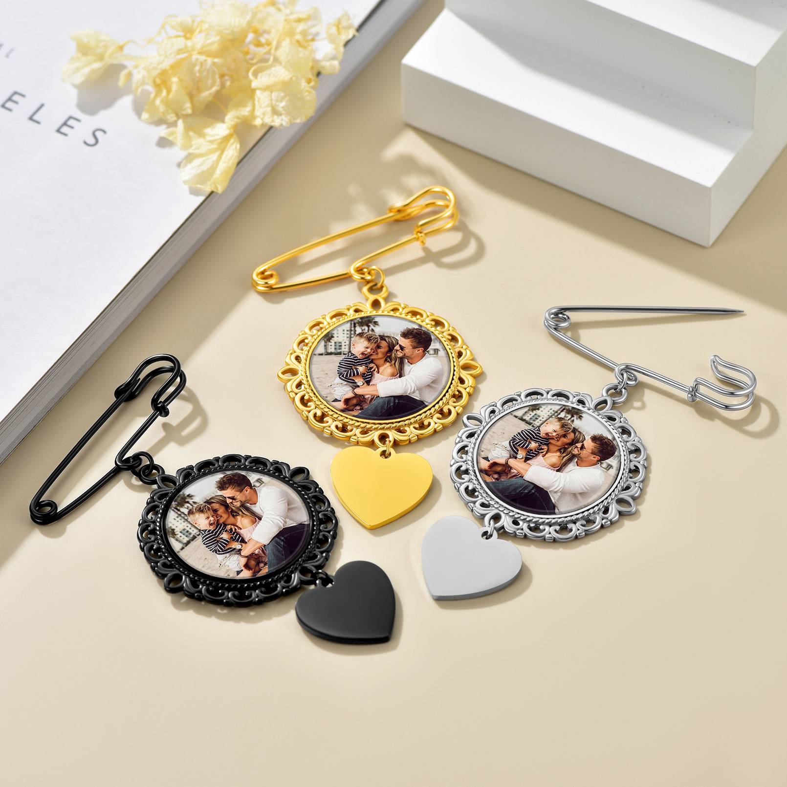 Personalized Photo Brooch Pins - Wedding, Memorial Keepsake