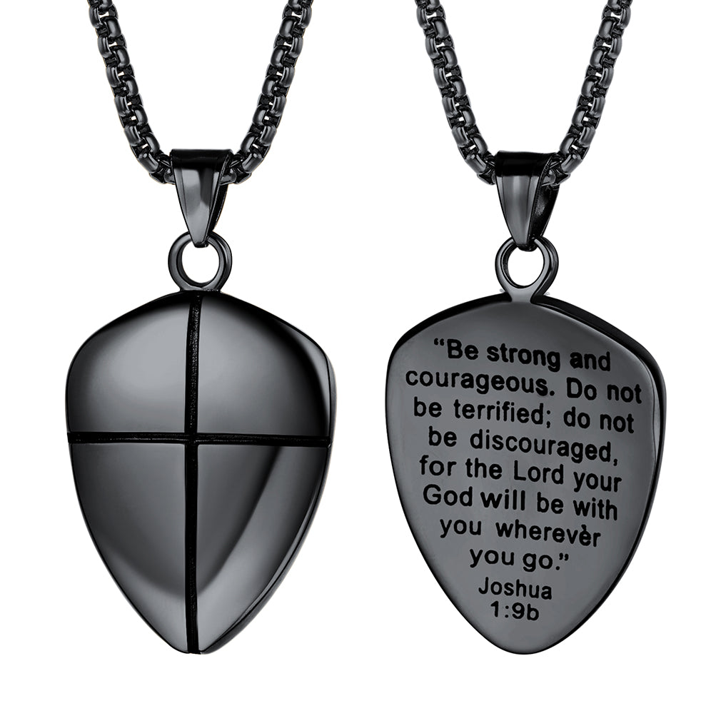 Men's shield necklace with Joshua 1:9 quote, Christian jewelry