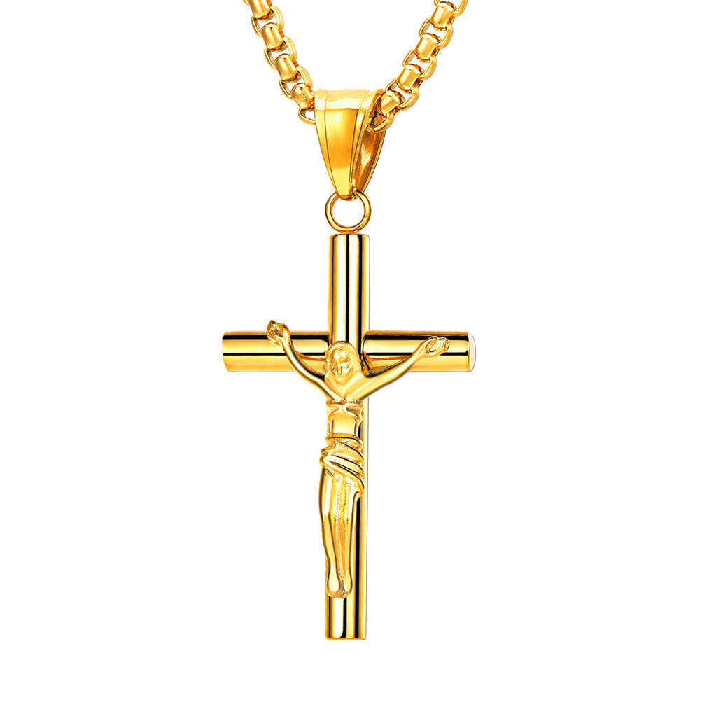 Gold Christian Savior Cross Pendant Necklace for Men