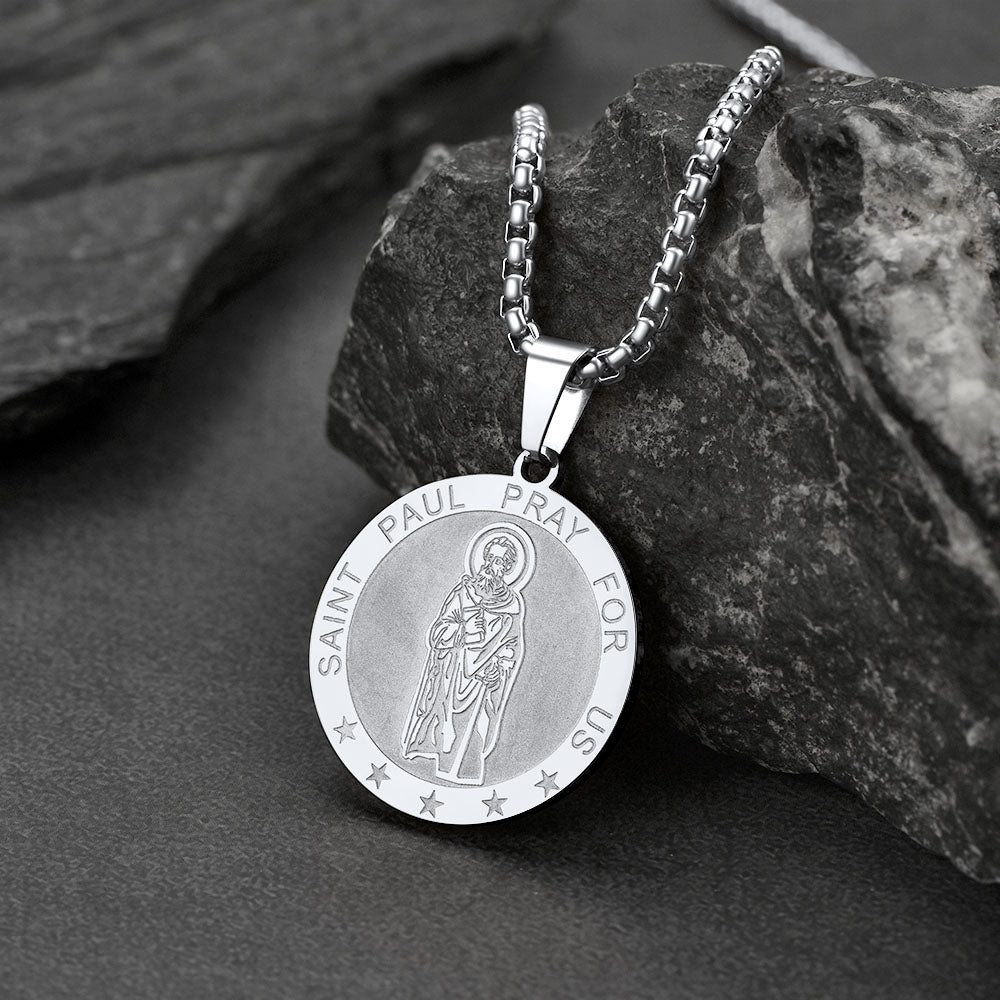 FaithHeart St Paul Round Necklace Custom Catholic Saints Medal Jewelry FaithHeart