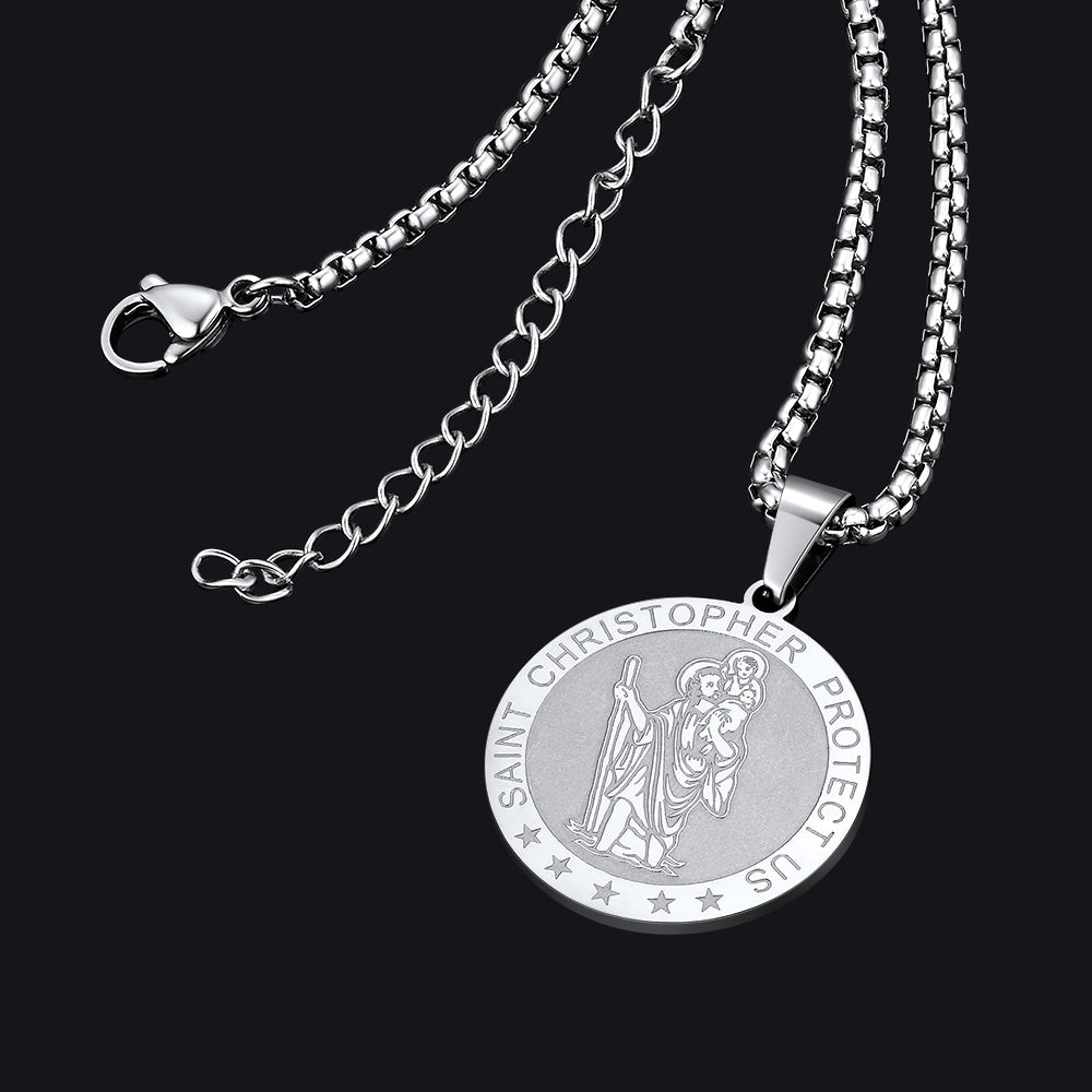 FaithHeart Engraved Round St. Christopher Medal Pendant Necklace For Men FaithHeart