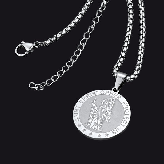 FaithHeart Engraved Round St. Christopher Medal Pendant Necklace For Men FaithHeartimg